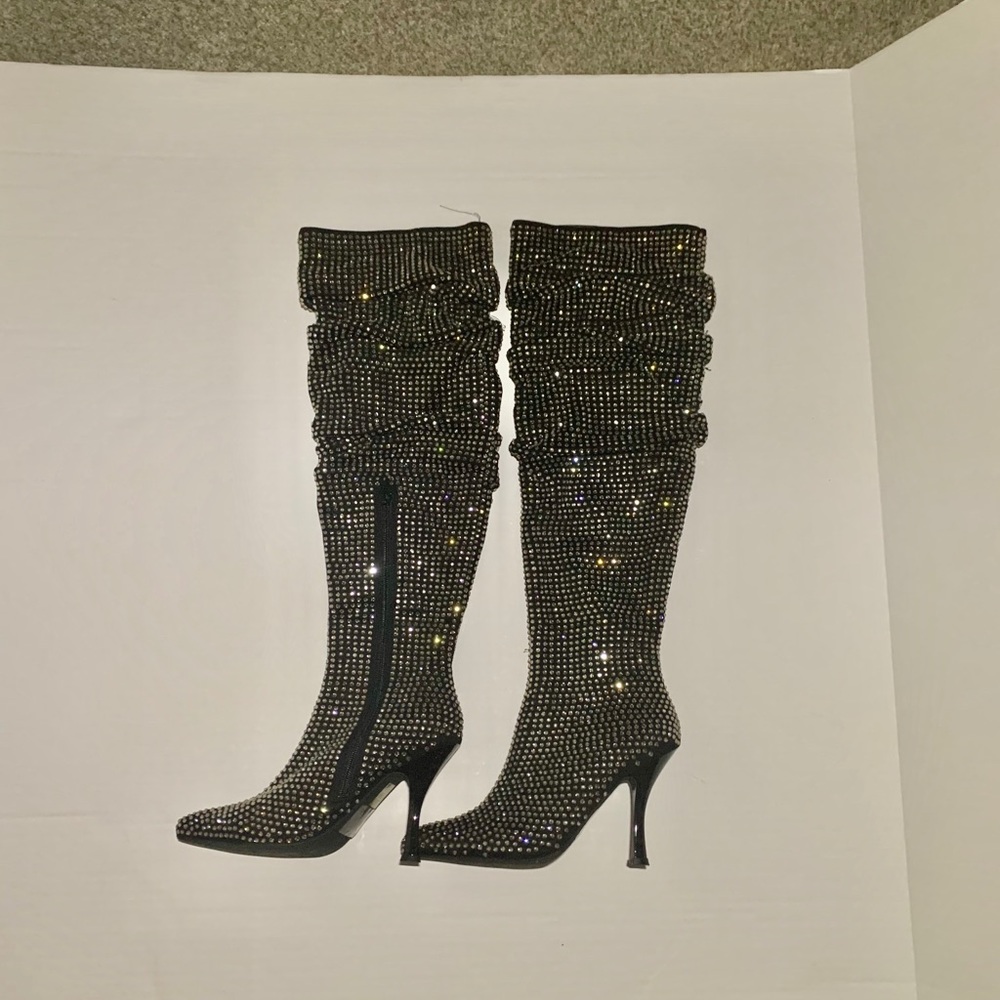 Knee high rhinestone embellished slouch boots